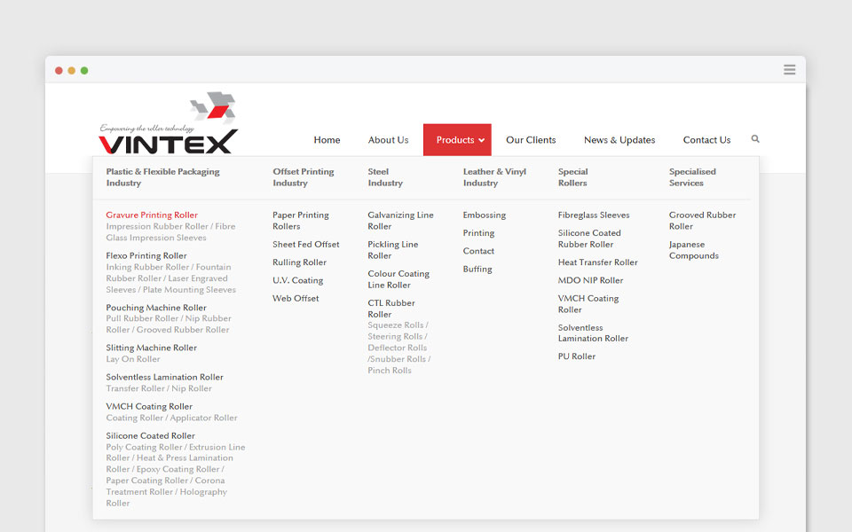 website design for vintex rollers - printing industry